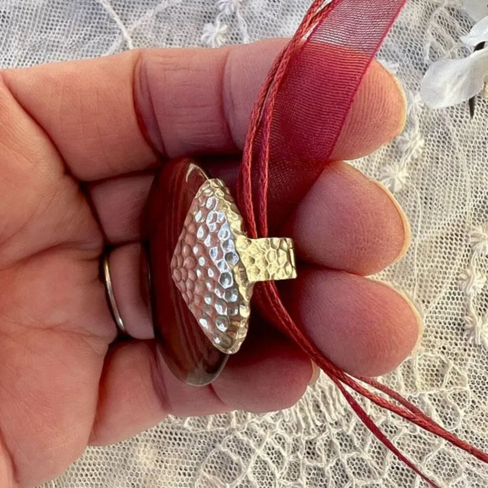 Vintage Whitney Kelly Large Red Tiger Eye & Sterling Pendant Necklace